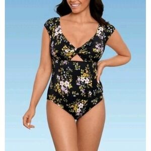 Beach Betty by Miracle Brands One Piece Swimsuit Womens Large Floral Cap Sleeve